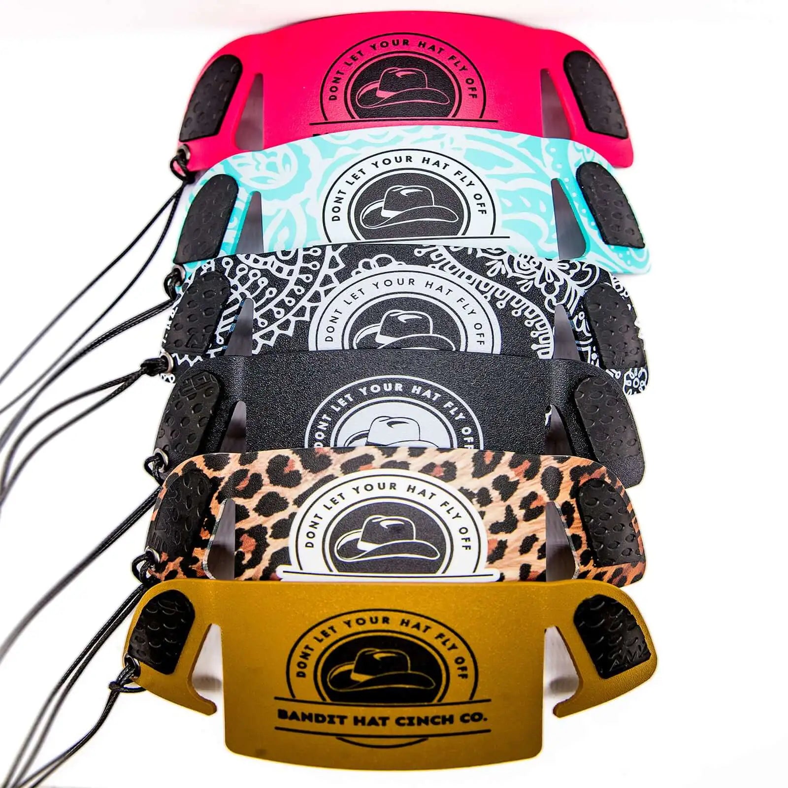6 color choices of hat cinches stacked to show options
