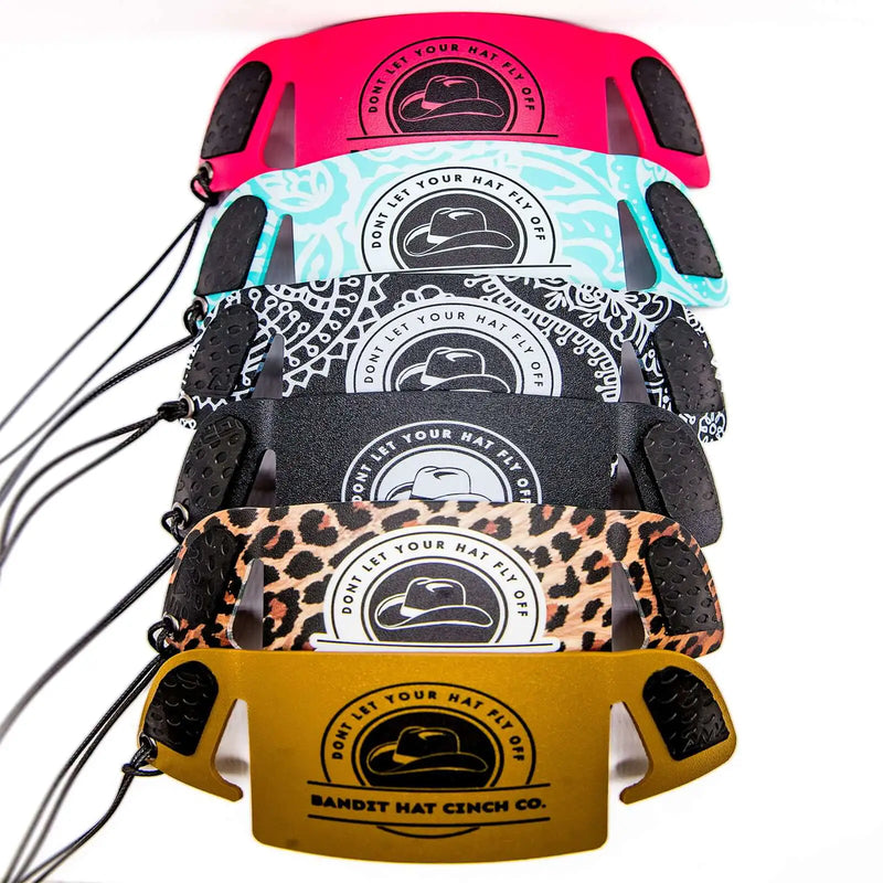 6 color choices of hat cinches stacked to show options
