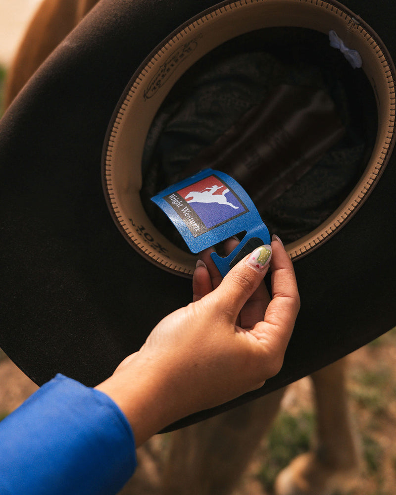 Brown Felt Cowboy Hat with Wright Blue Hat Cinch