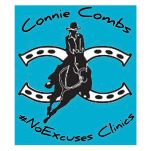 Logo for Connie Combs No Excuses Clinics with a horse and rider design on a blue background.
